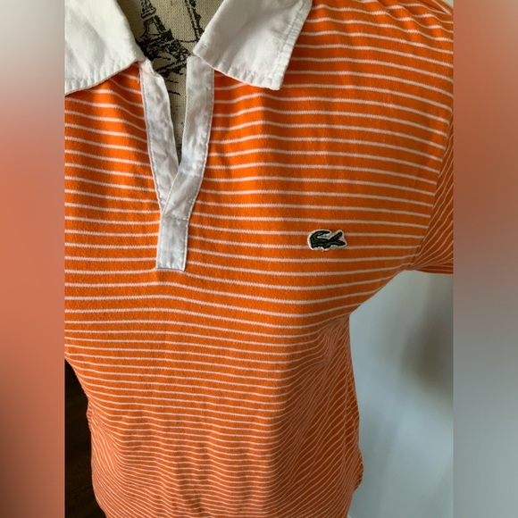LACOSTE Striped Orange & White Polo Top Women’s Made in France Size Medium - Picture 10 of 11
